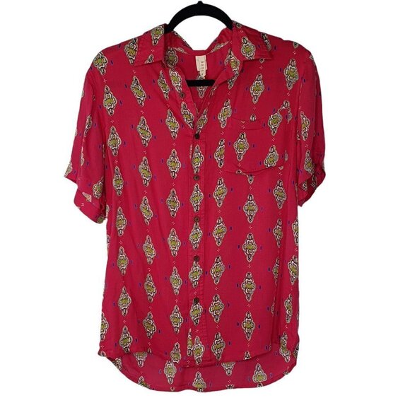 Raga Small Alice Button Down Short Sleeve Boyfriend Medallion Shirt Viscose - Picture 4 of 10